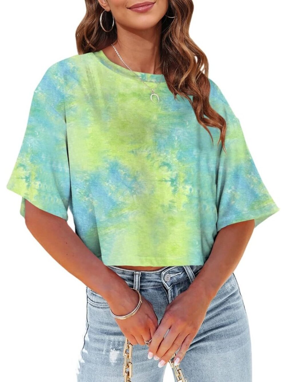 Women's Green Crew Neck Half Sleeves Loose Fit Casual Pull On Basic Tees Shirts